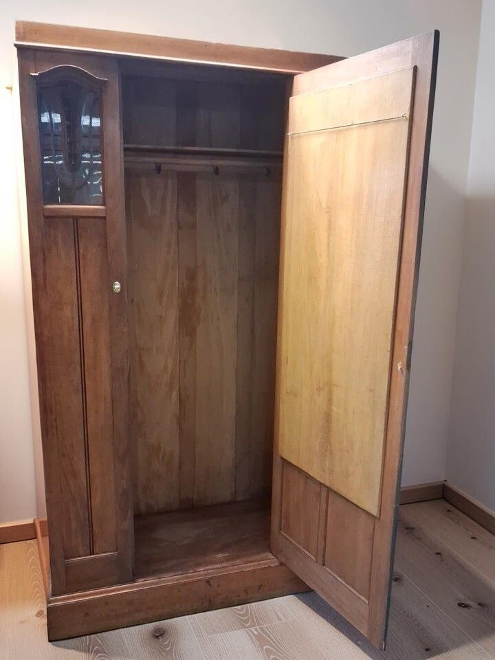 Furniture Antique Art Nouveau Satinwood Mirrored Wardrobe With Panels & Glass Windows photo