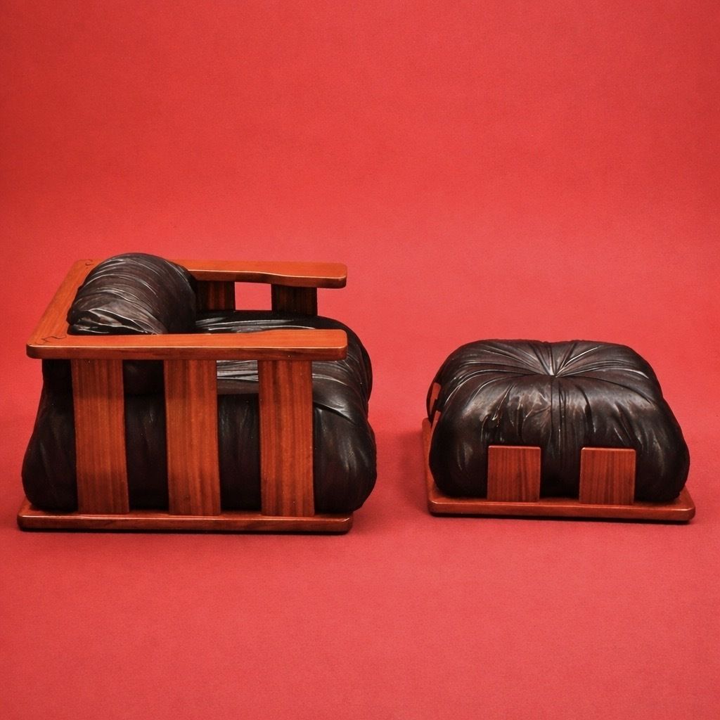 Dragone Pouf In Leather And Padouk By Luciano Frigerio For Frigerio Di Desio. photo furniture