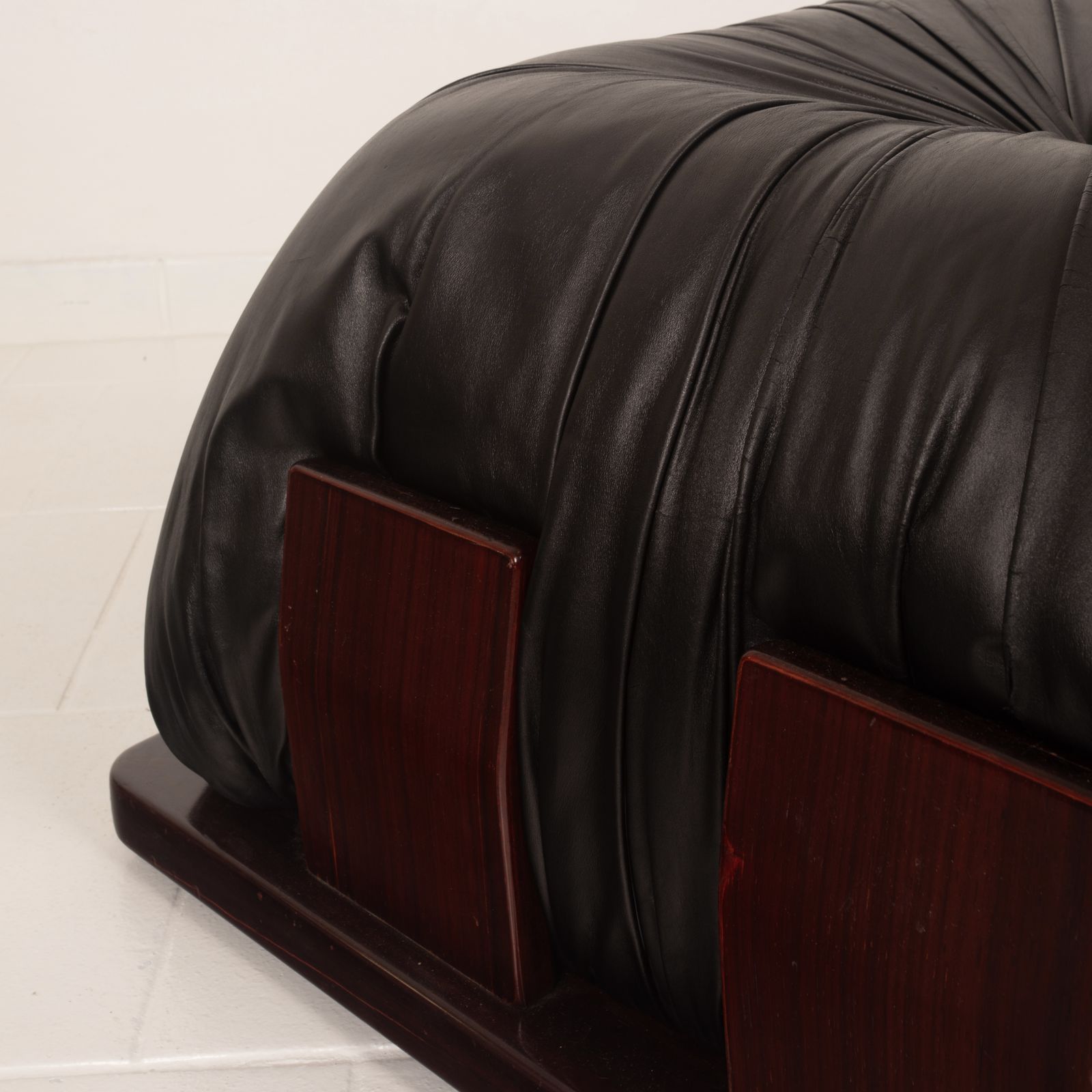 photo for sale Dragone Pouf In Leather And Padouk By Luciano Frigerio For Frigerio Di Desio.