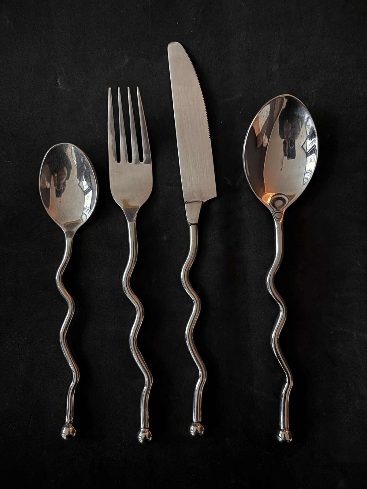 Twisted Stainless Steel Flatware Set, French Brutalist Medieval Style, 12 Pieces photo furniture