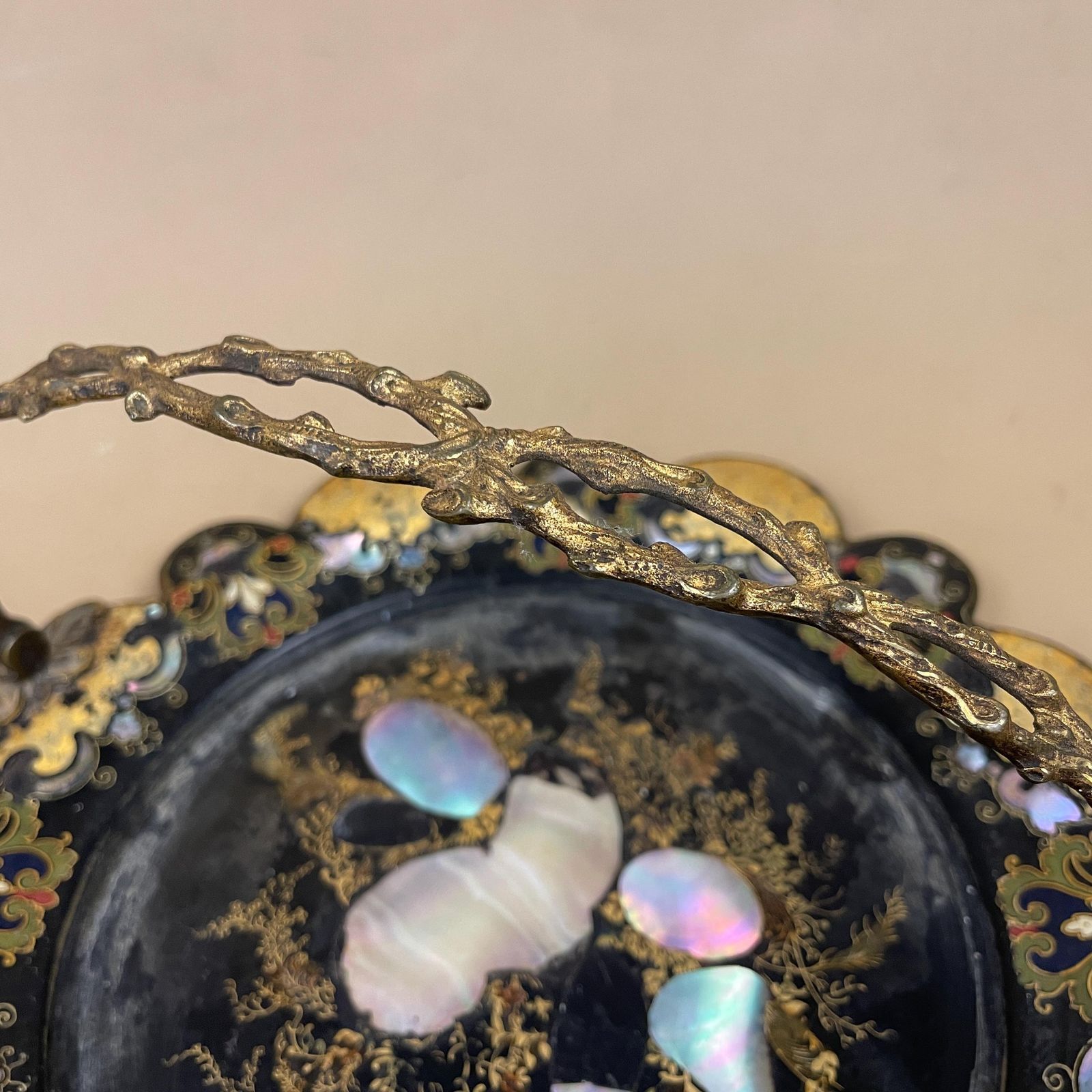 Victorian Papier Mâché Tray Mother Of Pearl Black Gold Floral Metal Handle Scalloped Edge Display Piece photo for sale