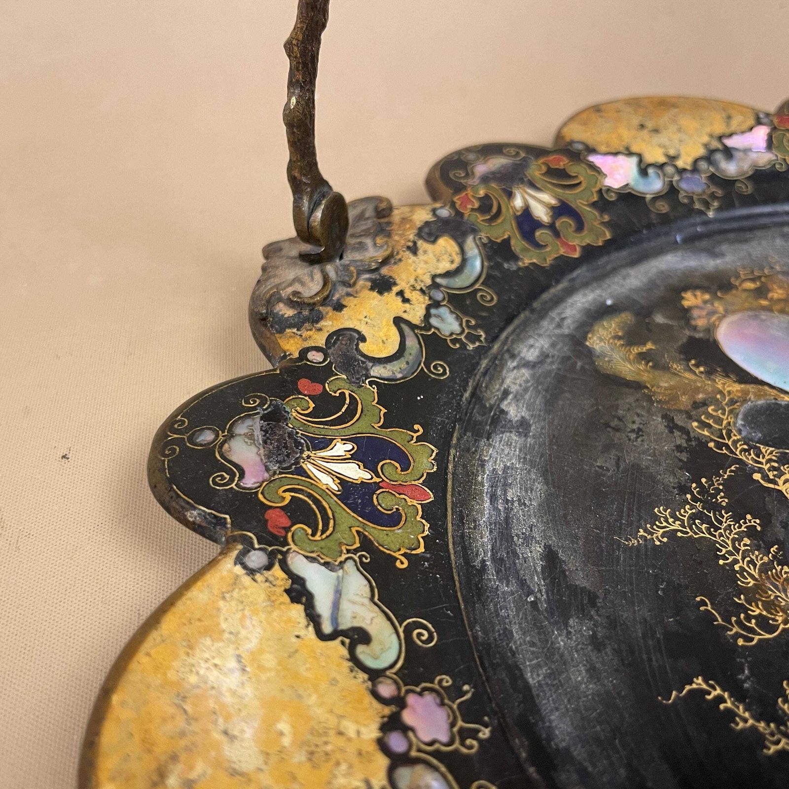 Victorian Papier Mâché Tray Mother Of Pearl Black Gold Floral Metal Handle Scalloped Edge Display Piece photo buy