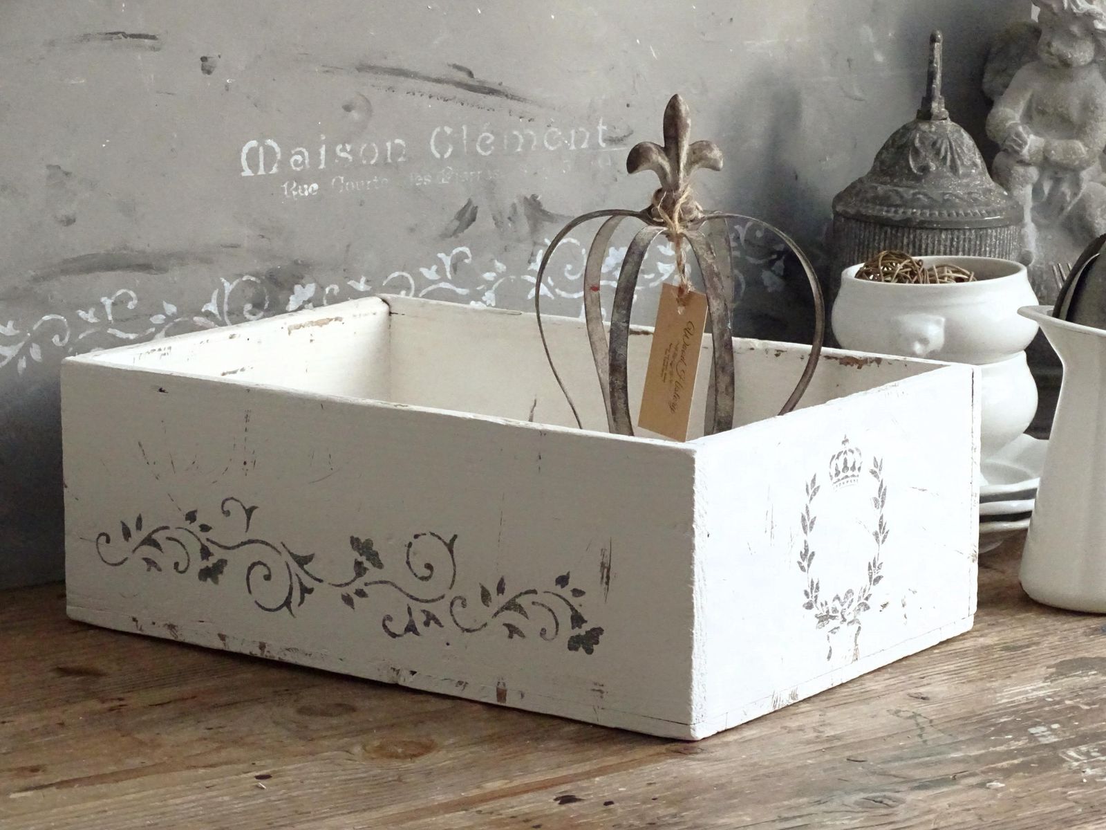 Distressed White Wood Crate: French Country Shabby Chic Storage Box photo buy