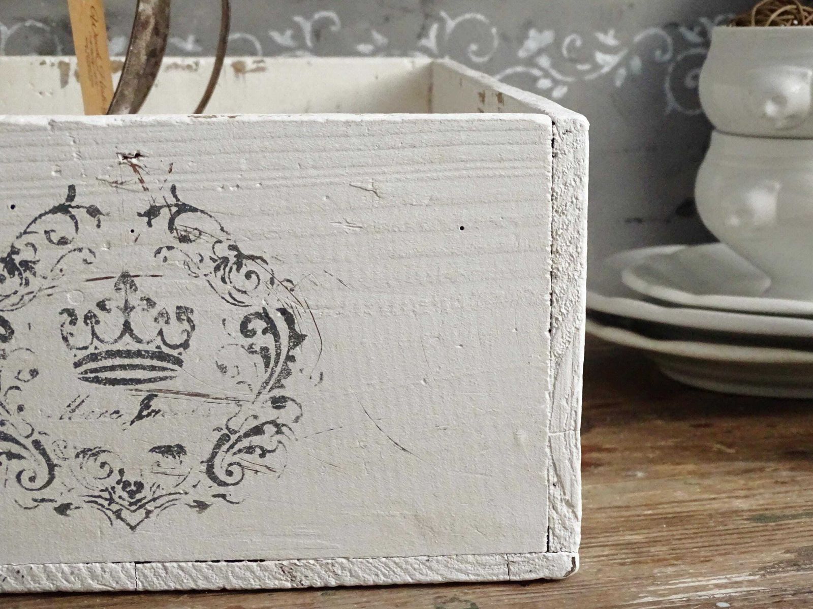 photo furniture Distressed White Wood Crate: French Country Shabby Chic Storage Box