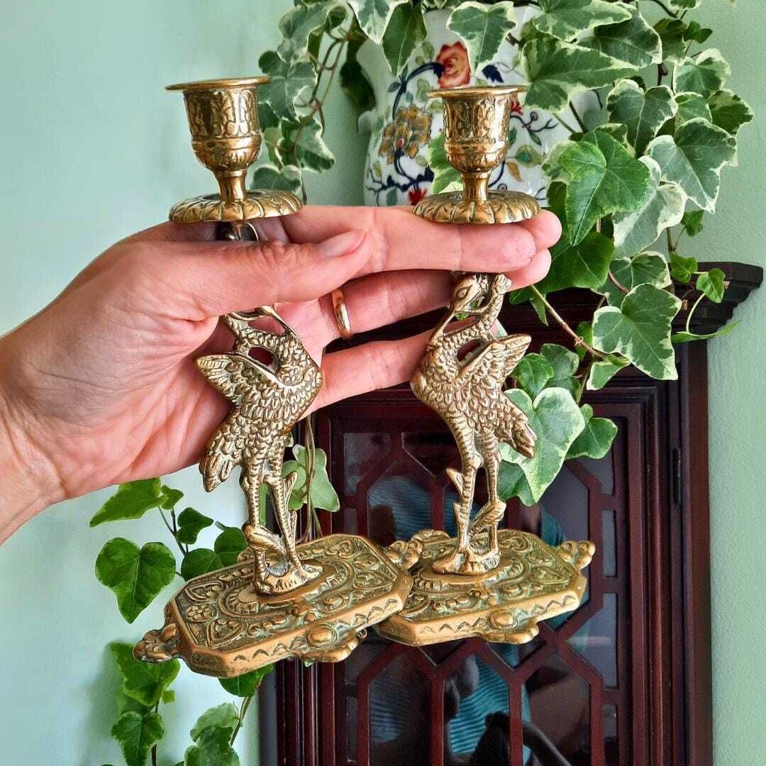 Antique Victorian Brass Heron Birds Candleholders Pair photo for sale