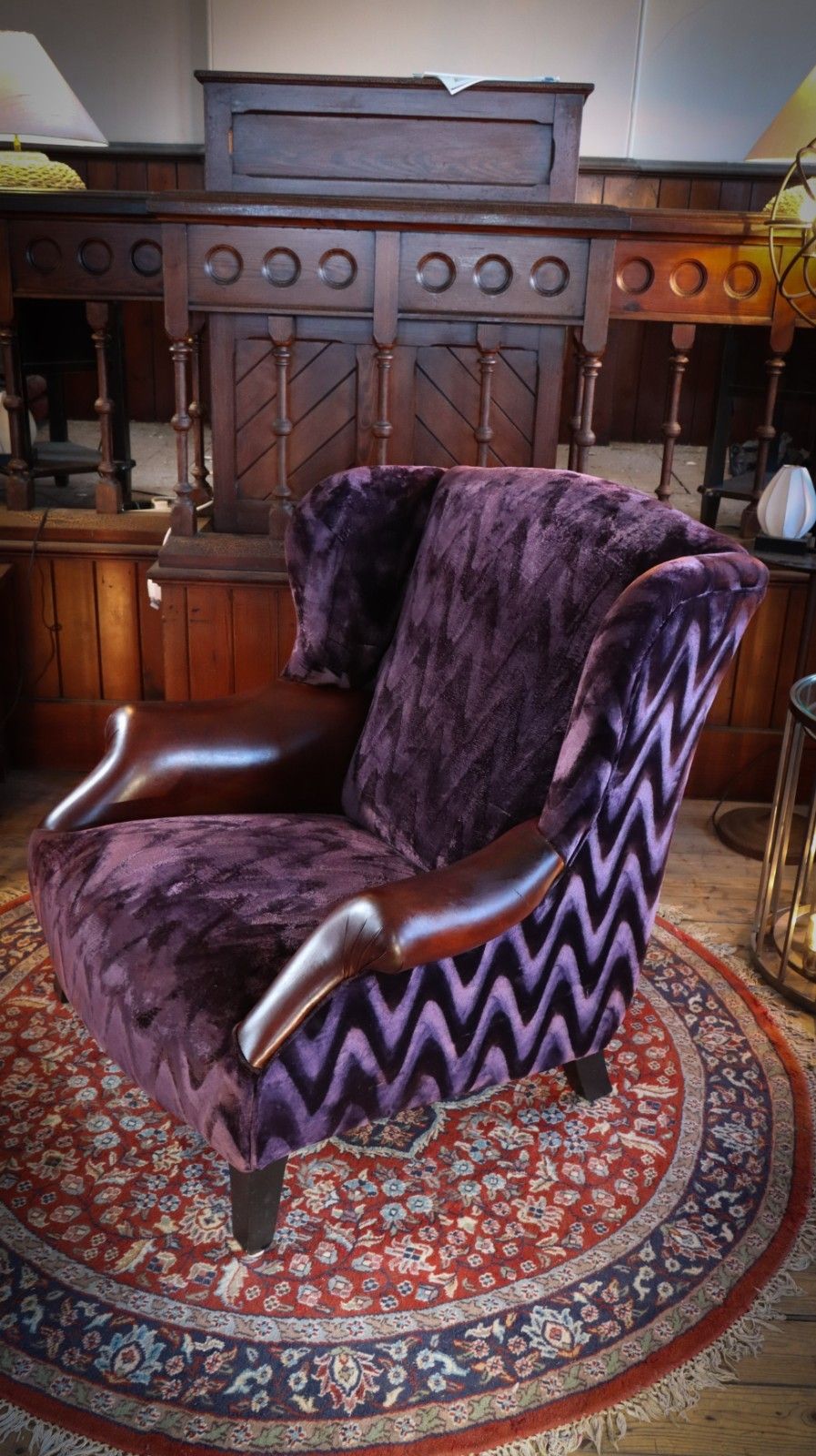 Furniture Stunning John Sankey Moliere Library Club Fireside Wing Arm Chair Purple Tan 🚚 photo