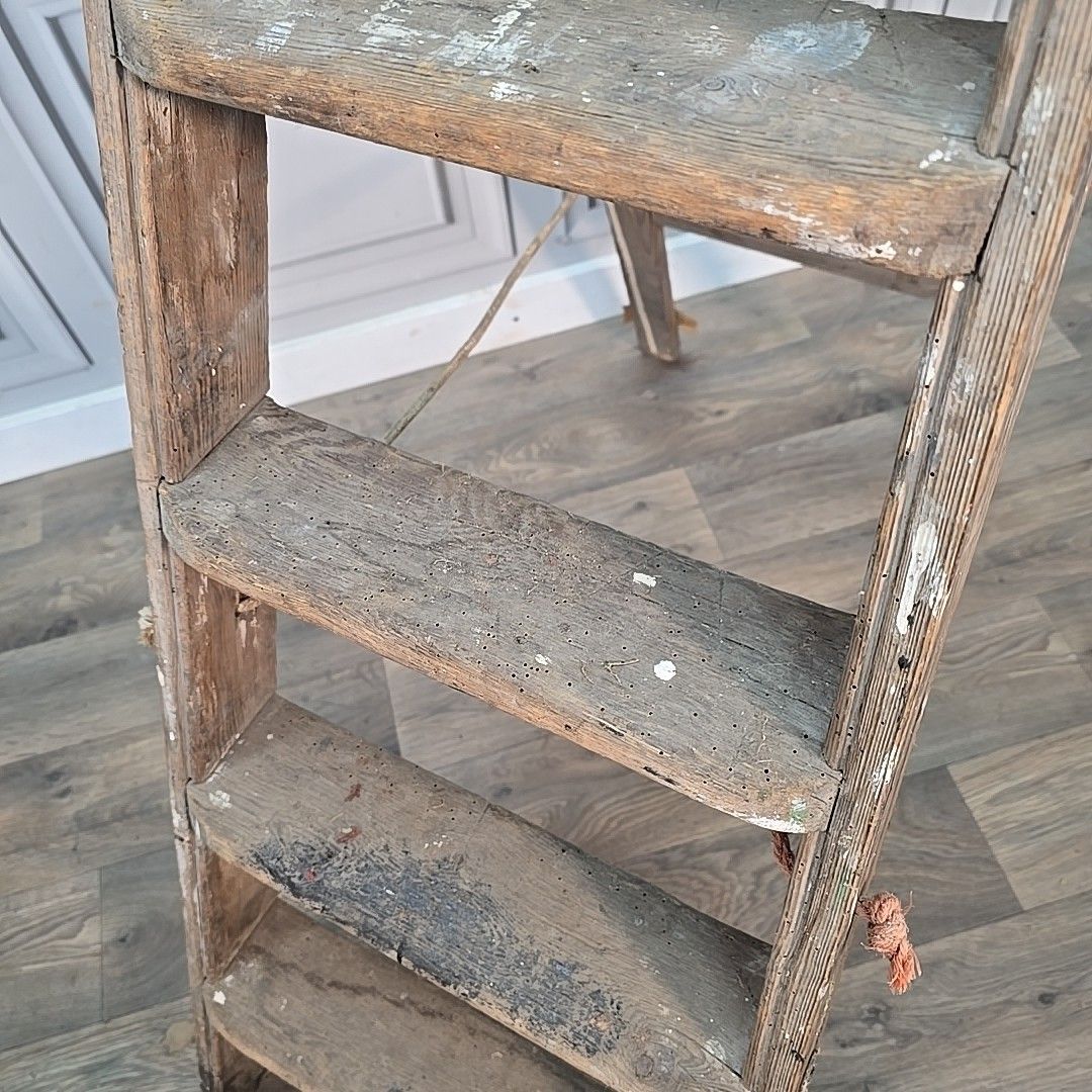 Antique Wooden Step Ladders Rustic Folding Decor Display Ladder Prop Upcycle photo vinterior