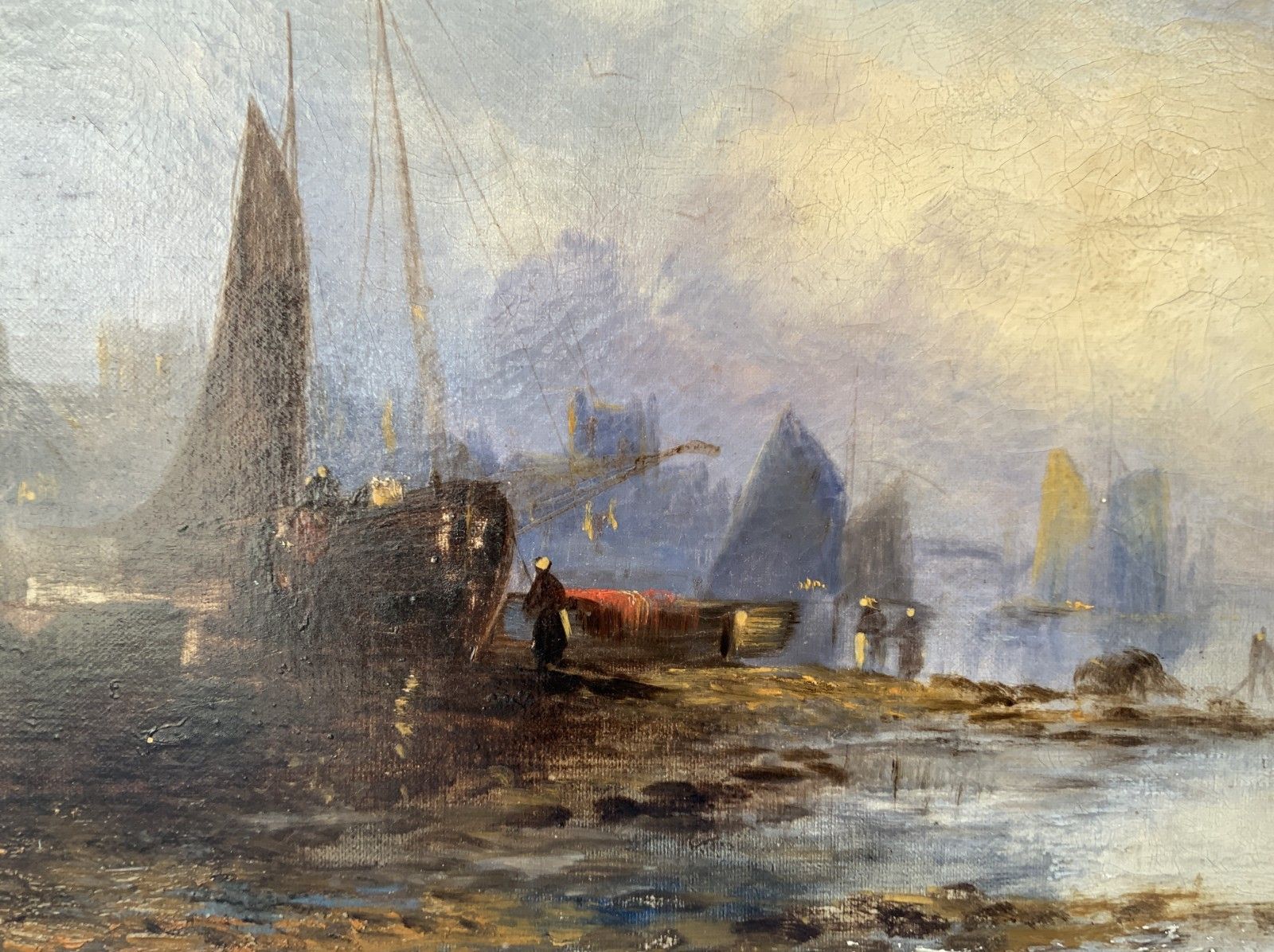 Maritime Seascape Oil Painting Sunset Harbour By John D. Taylor (Act.1876 1890) photo vintage