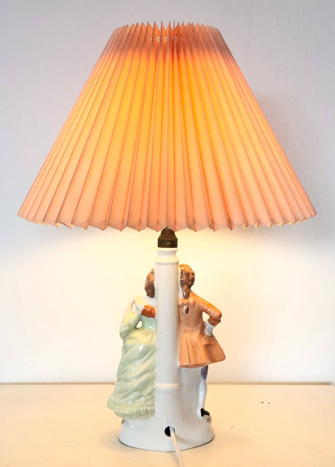 Mid Century Beautiful Porcelain Handpainted Table Lamp With Handsome Couple And Vintage Pleated Fabric Shade photo 219.0