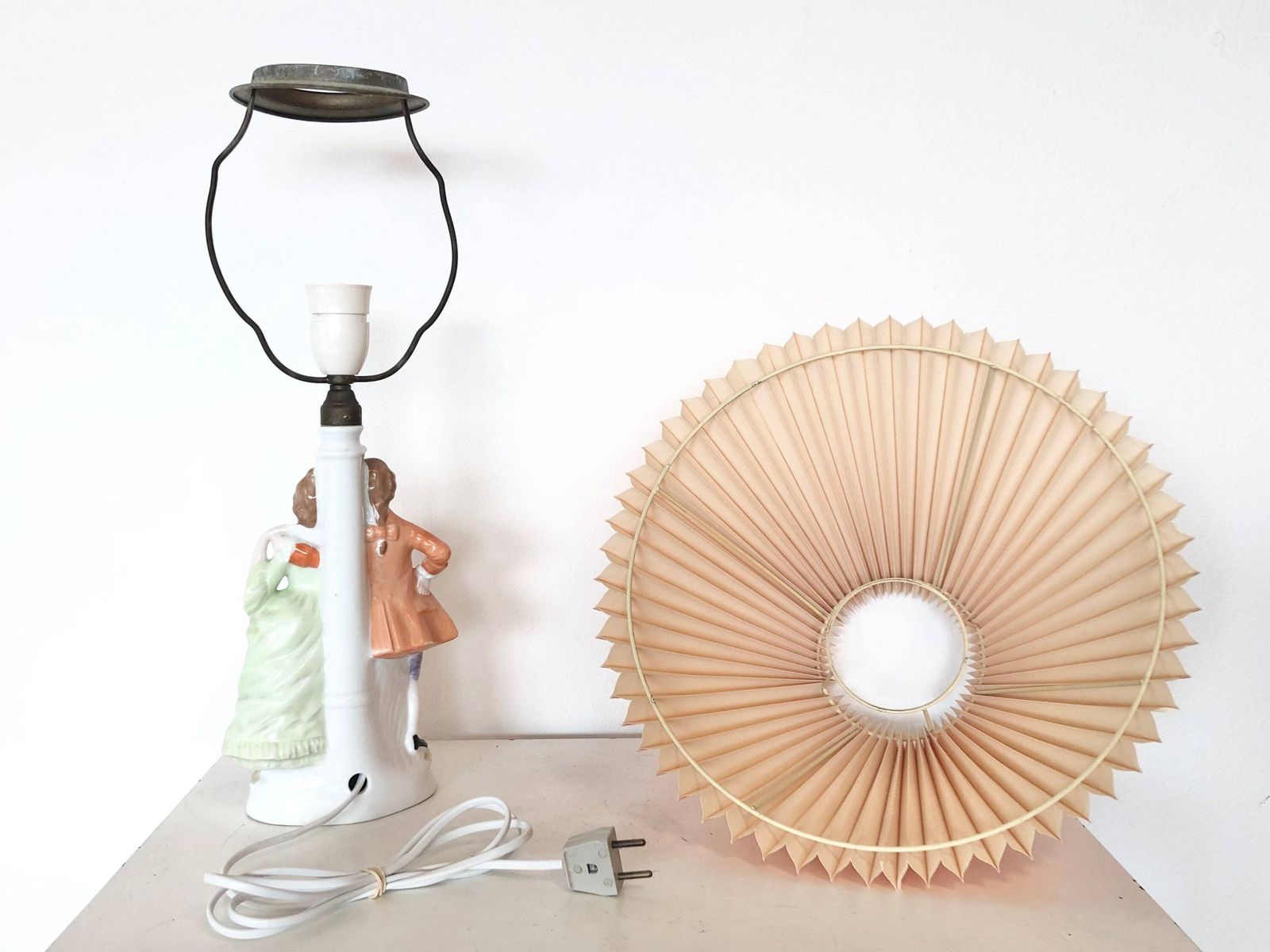 Mid Century Beautiful Porcelain Handpainted Table Lamp With Handsome Couple And Vintage Pleated Fabric Shade photo vintage