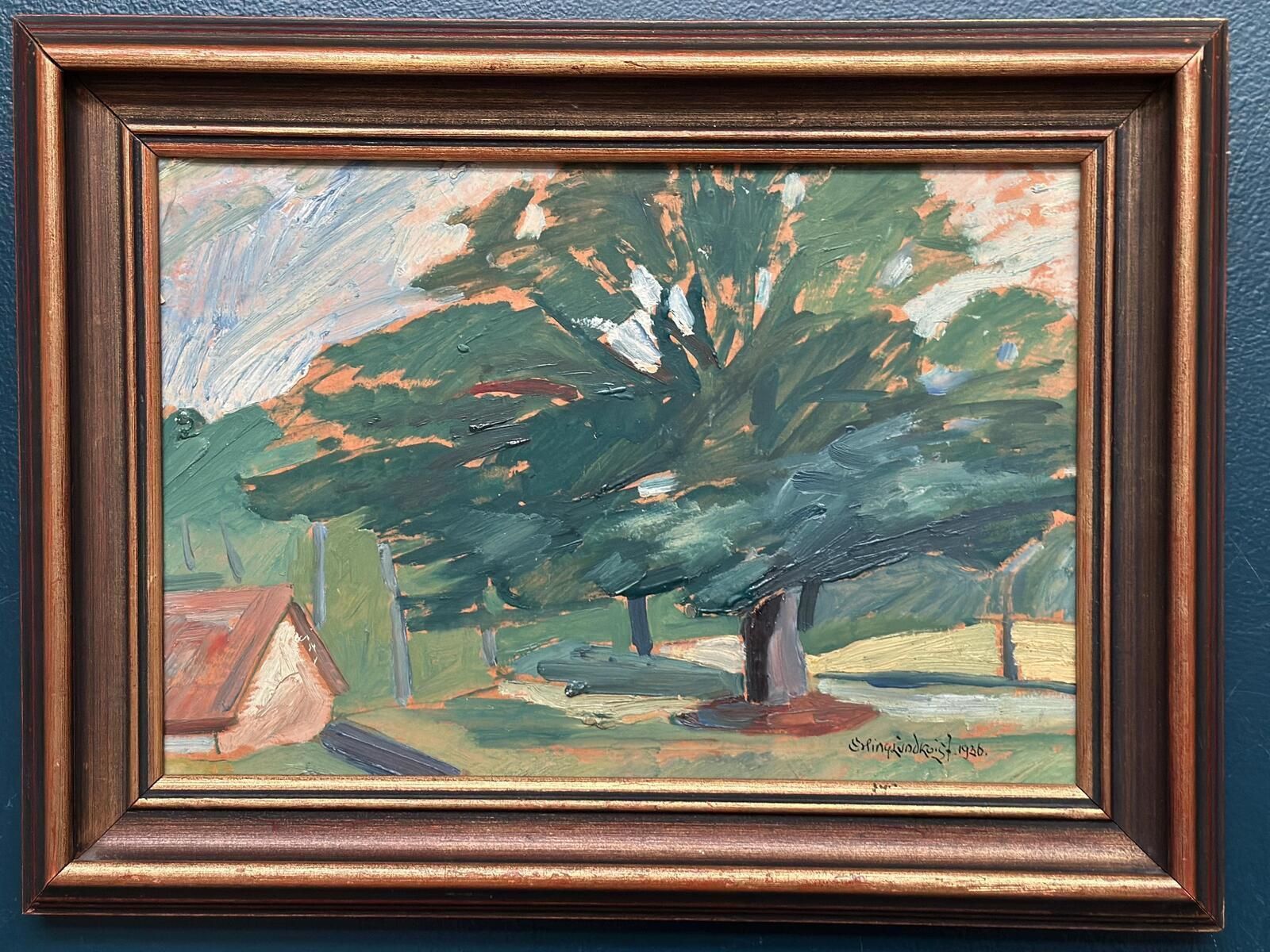 Original Mid Century Swedish Oil On Panel – “Majestic Tree” By Erling Lundquist – Vintage & Framed 44 × 34 Cm (17.3" × 13.4") photo furniture