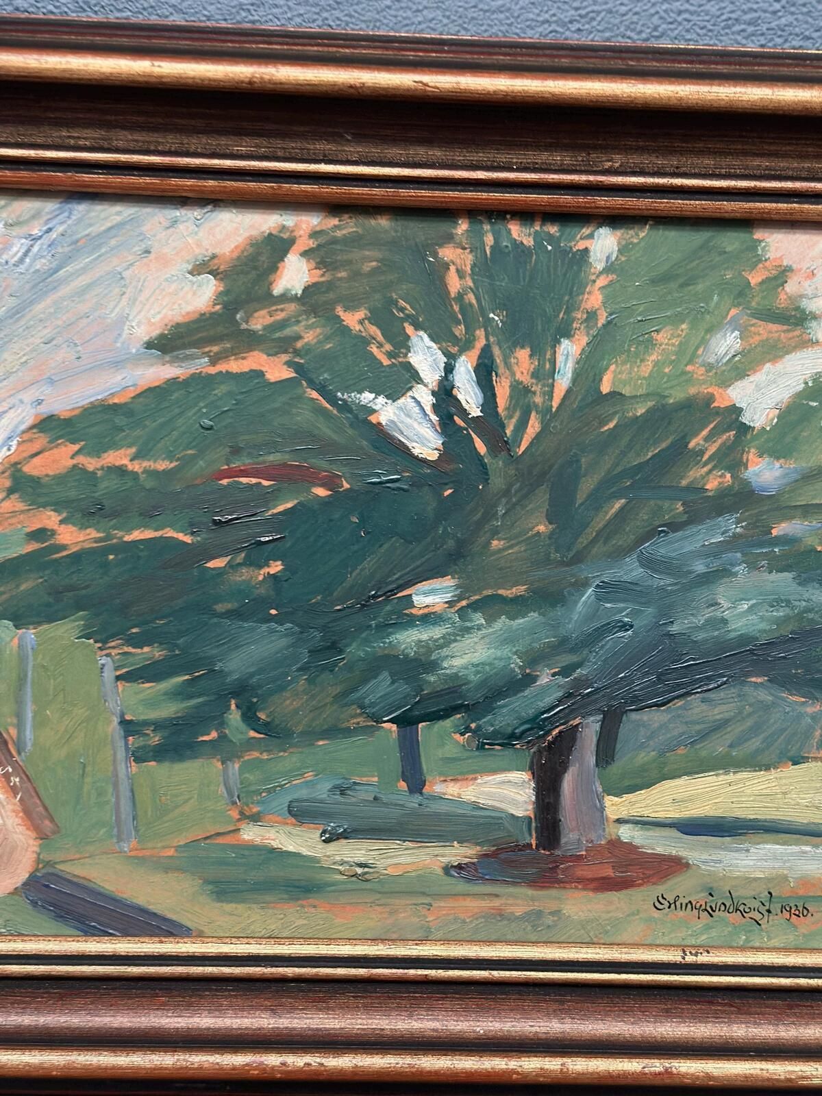 Original Mid Century Swedish Oil On Panel – “Majestic Tree” By Erling Lundquist – Vintage & Framed 44 × 34 Cm (17.3" × 13.4") photo vinterior