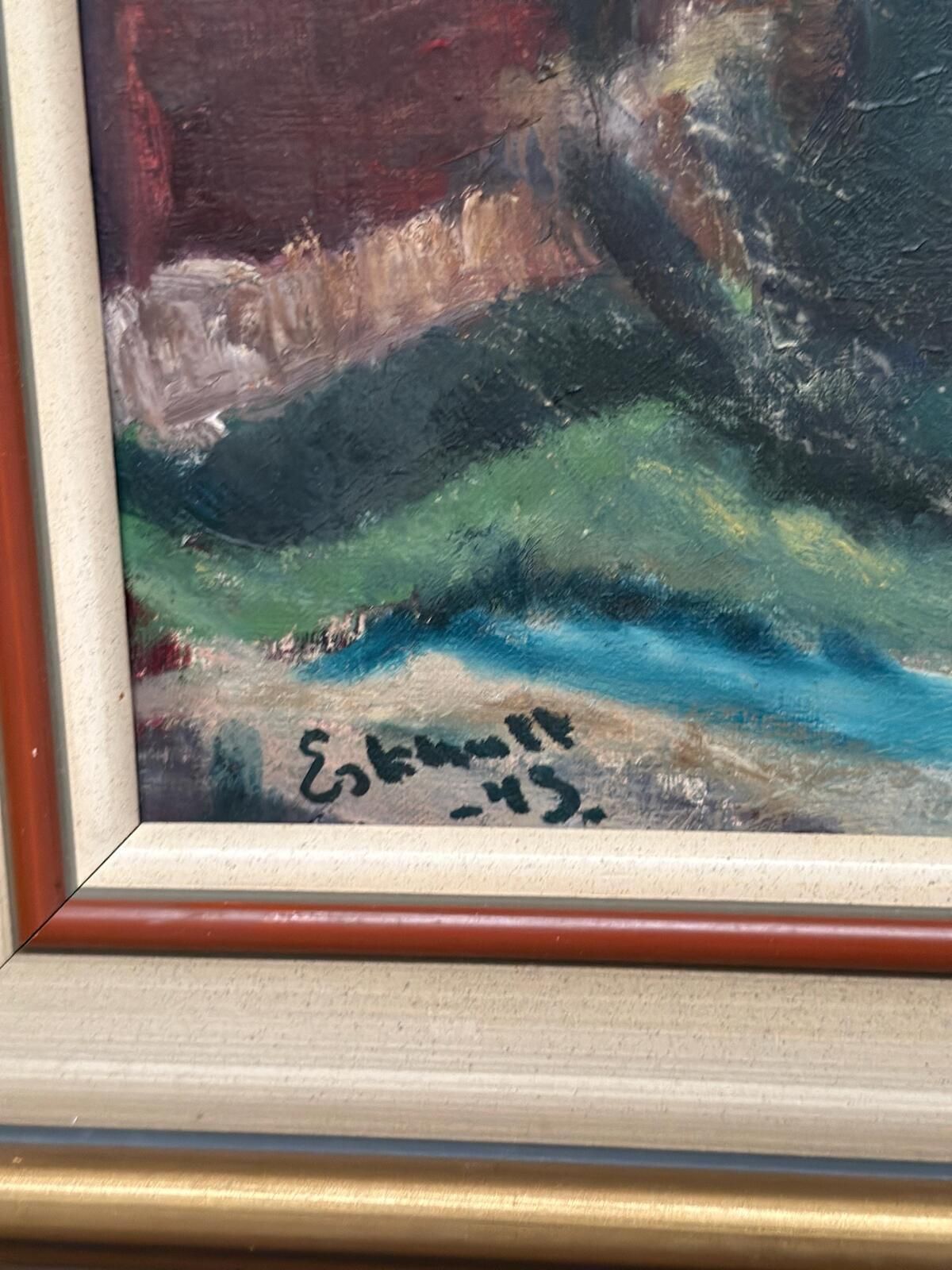 Original Mid Century Swedish Oil On Canvas – “Suburbia” By Erik Hult Vintage – Framed 60 × 52 Cm (23.6" × 20.5") photo vintage