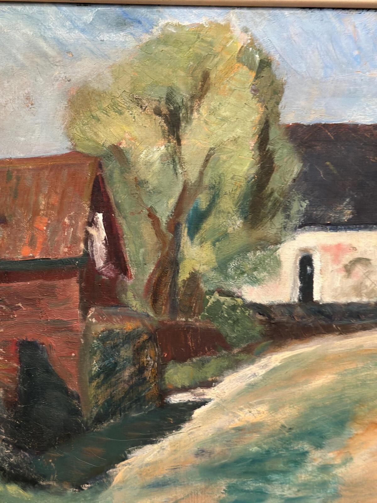 photo for sale Original Mid Century Swedish Oil On Canvas – “Suburbia” By Erik Hult Vintage – Framed 60 × 52 Cm (23.6" × 20.5")