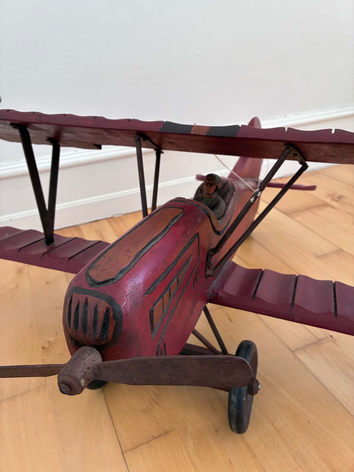 Large Vintage Handmade Wooden Airplane Model Biplane, 1930s photo furniture
