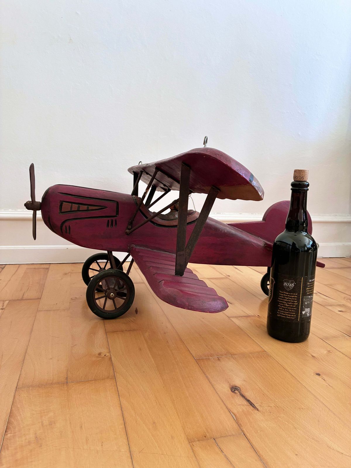 photo vintage Large Vintage Handmade Wooden Airplane Model Biplane, 1930s