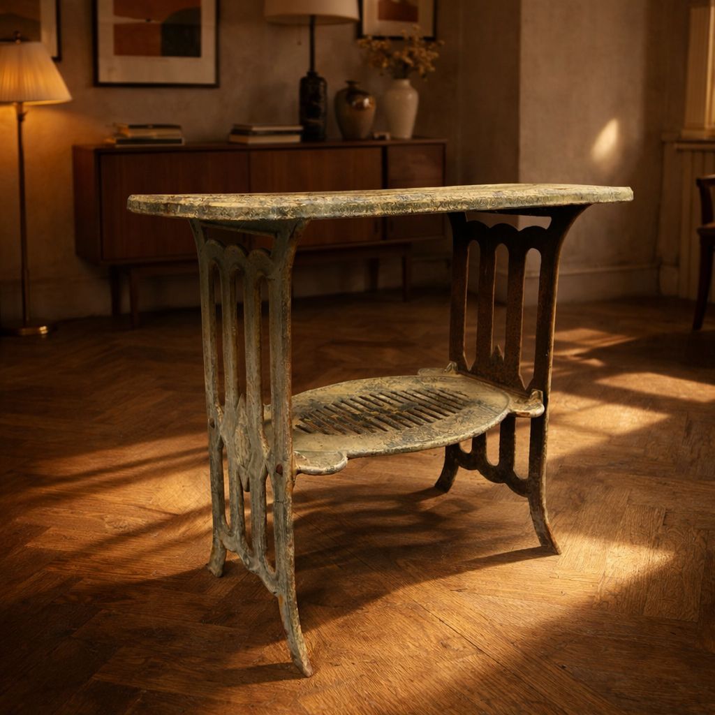 Vintage Metalen Tafel Met Geïntegreerde Opening En Onderste Schap photo for sale