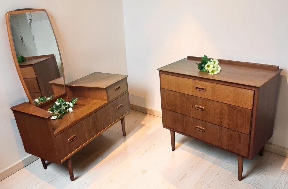 Vintage Mid Century Lebus Teak Dressing Table With Matching Chest Of Drawers photo vinterior