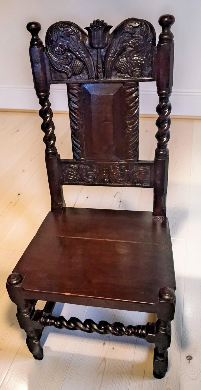 Antique Gothic Revival Oak Hall Chair With Carved Flowers & Barley Twist