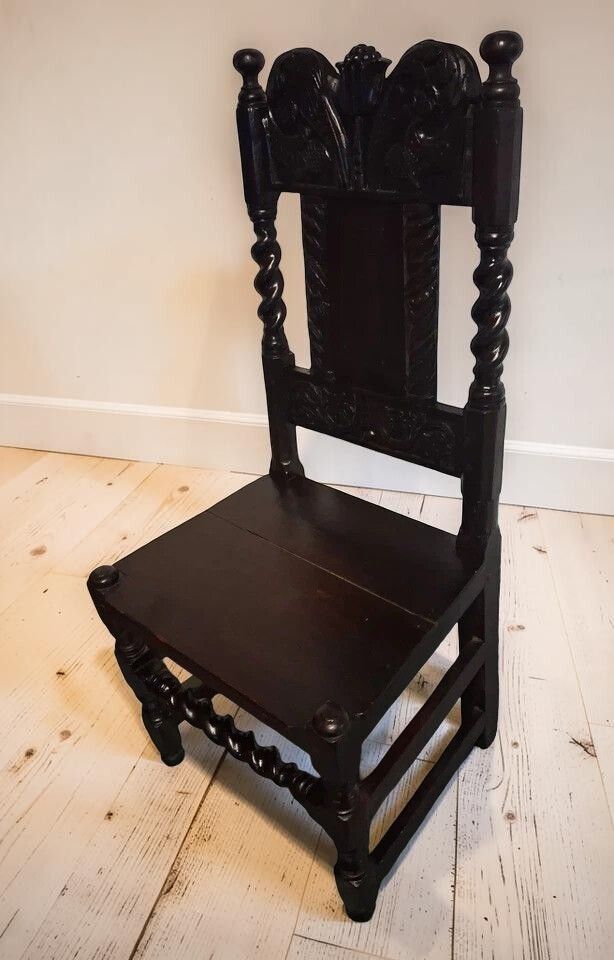 Antique Gothic Revival Oak Hall Chair With Carved Flowers & Barley Twist photo Furniture