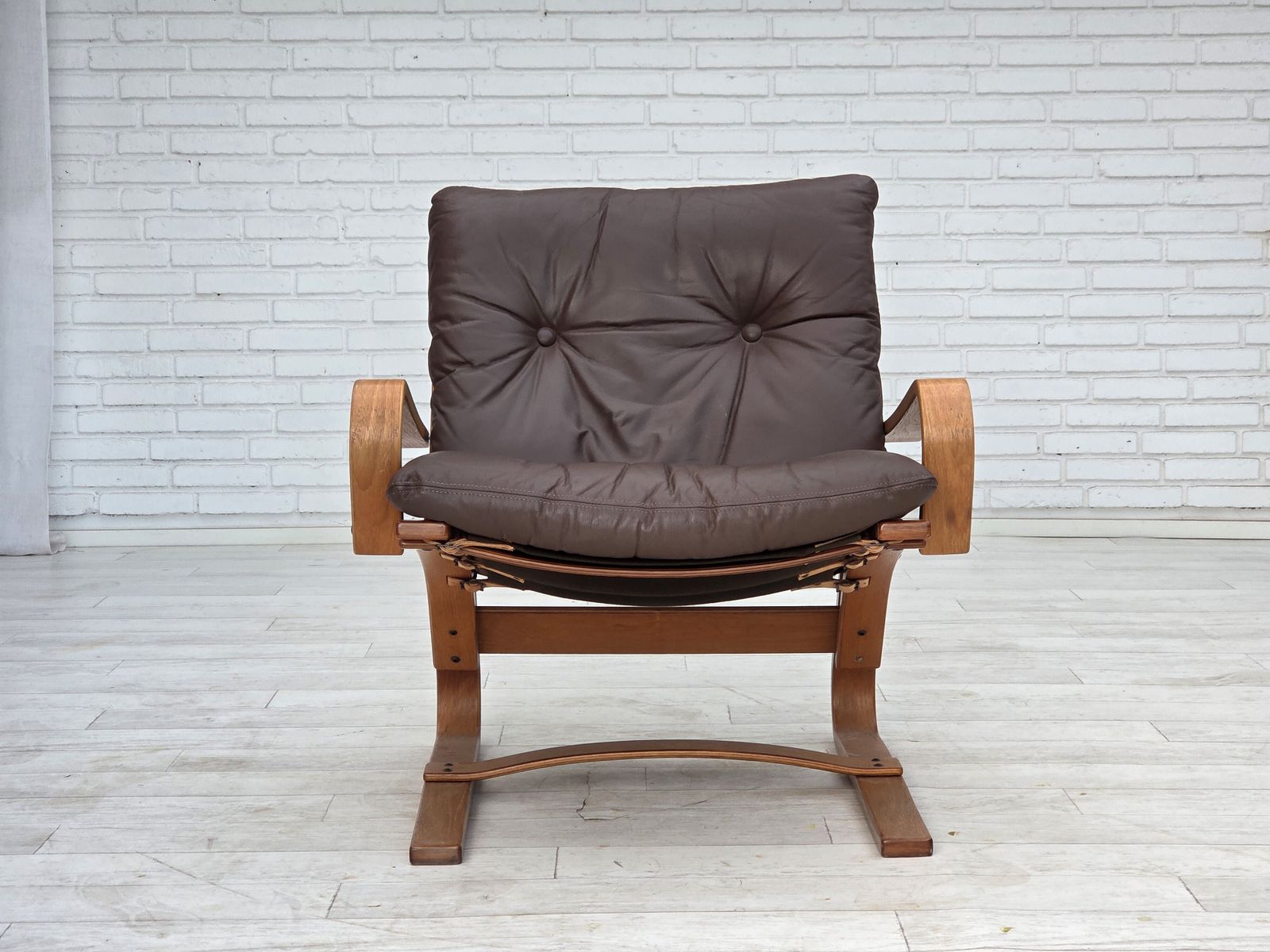 Jaren 1970, Deense Fauteuil Van Komfort, Meubeleer, Canvas, Gebogen Hout. photo vintage