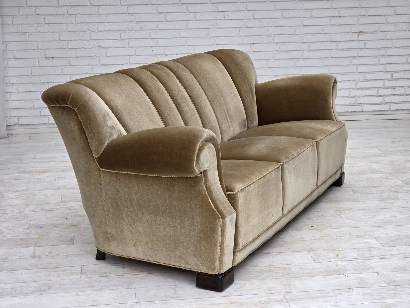 1960s, Danish 3 Seater Sofa, Green Furniture Velour, Oak Wood Legs. photo vinterior