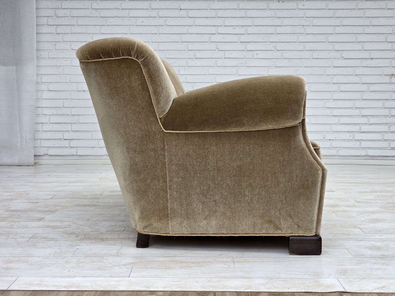 1960s, Danish 3 Seater Sofa, Green Furniture Velour, Oak Wood Legs. photo vintage