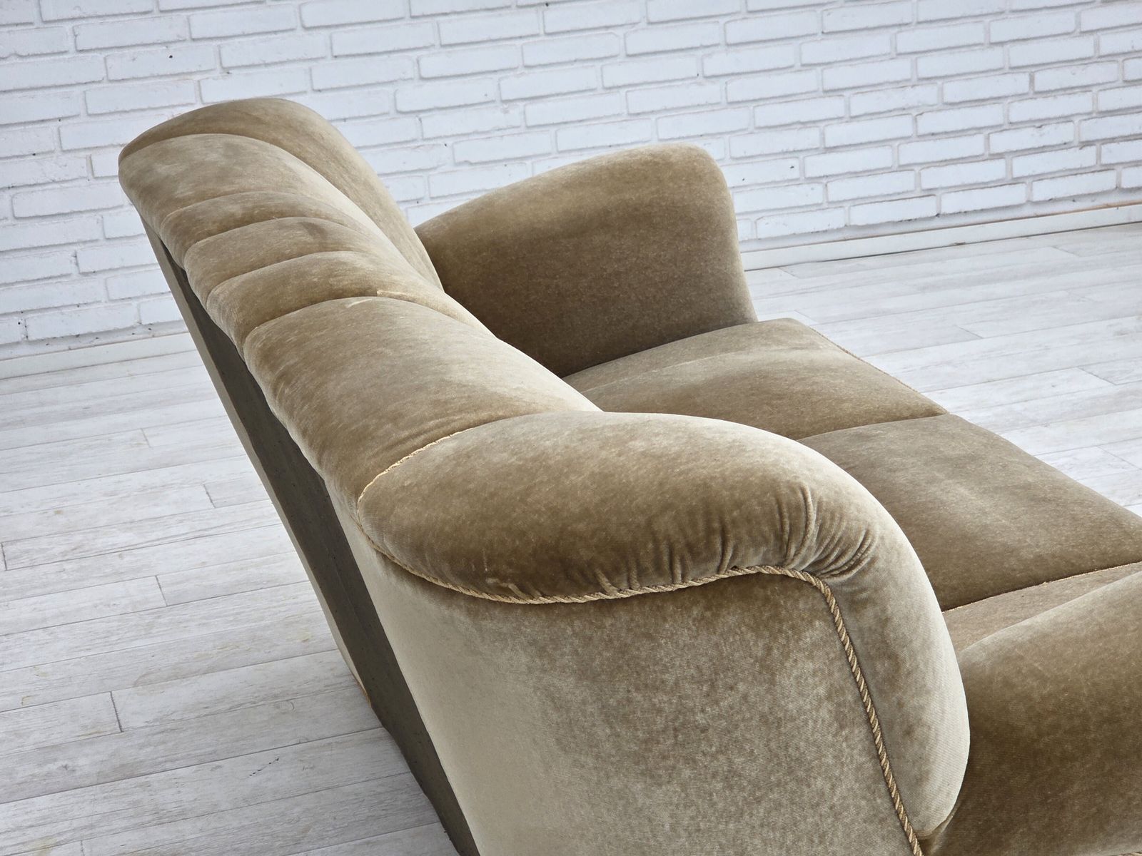 Furniture 1960s, Danish 3 Seater Sofa, Green Furniture Velour, Oak Wood Legs. photo