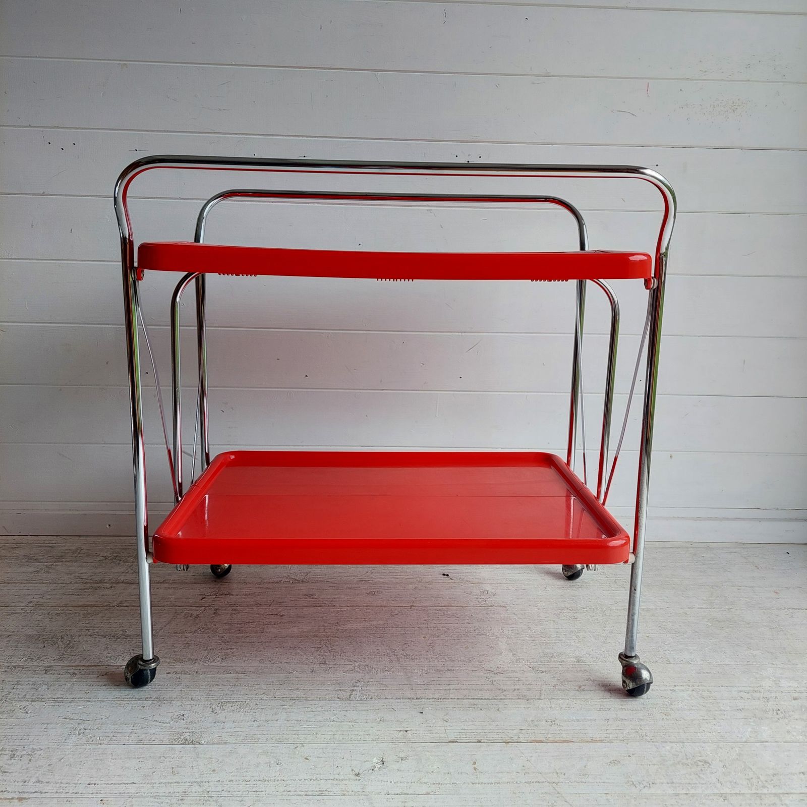 photo for sale Mid Century Italian Ellisse Folding Trolley Postmodern Red & Chrome Drinks Cart 80s