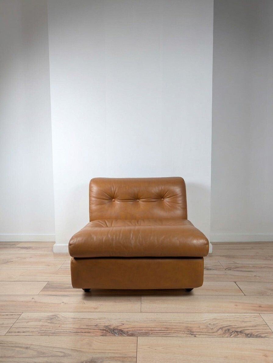 Vintage Italian “Amanta” Tan Leather Lounge Chair By Mario Bellini For C&B Italia, 1975 Mcm