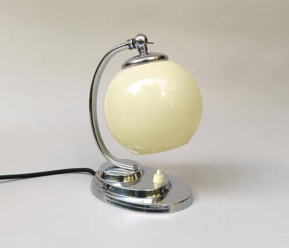Art Deco Chrome Plated Bedside Lamp With Glass Shade, 1930s