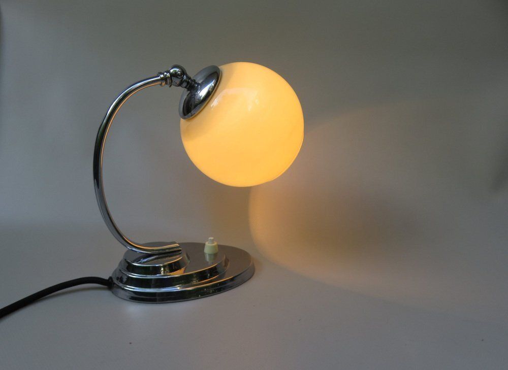 photo for sale Art Deco Chrome Plated Bedside Lamp With Glass Shade, 1930s