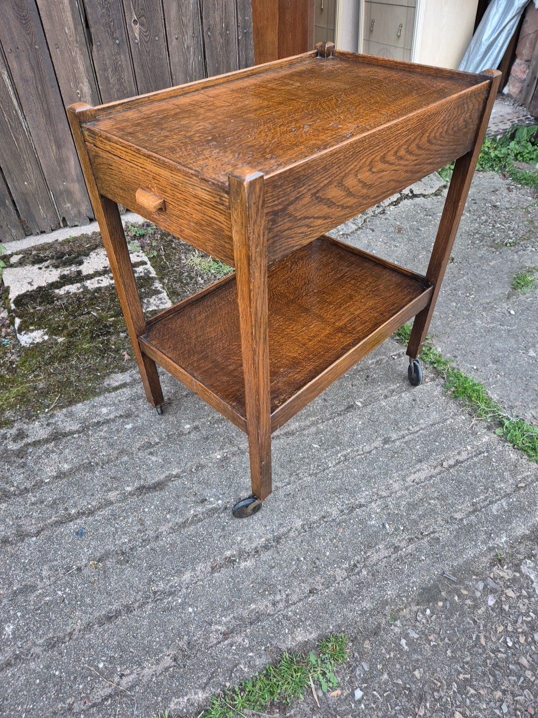 photo for sale 1930s Oak Light Weight Drinks/Tea Trolley,2 Tiers With Drawer & Original Castors