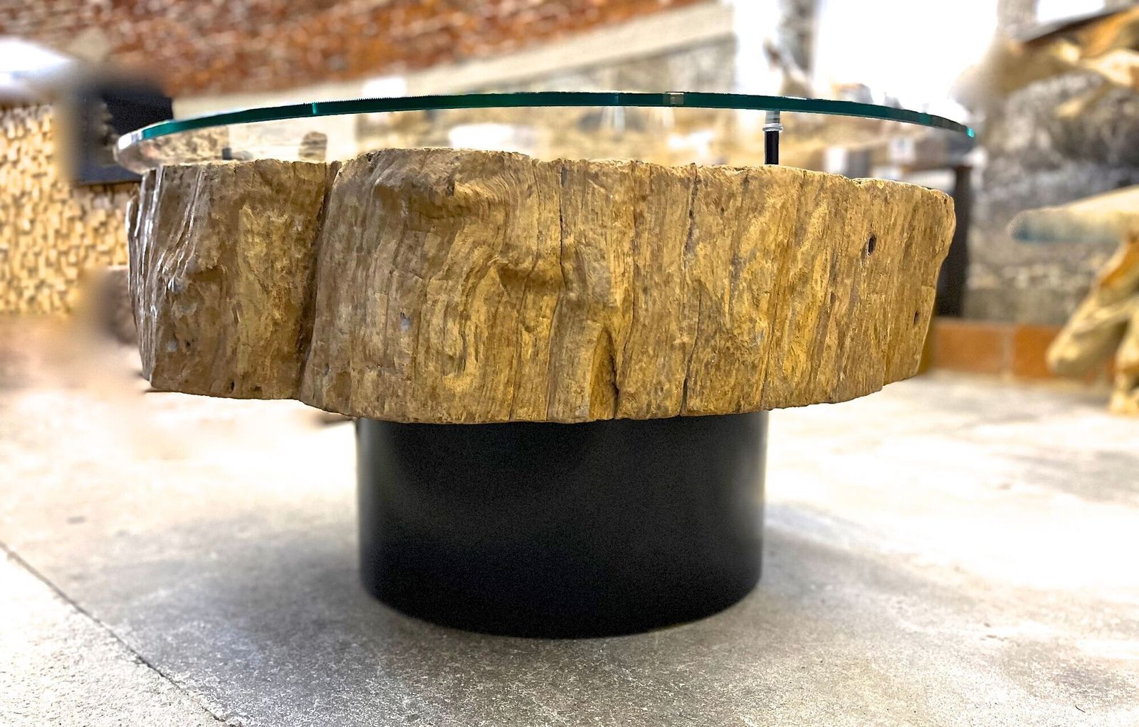 Modern Organic Driftwood Coffee Table With Glass Top, Black Steel Base, Idn 2025 photo vinterior