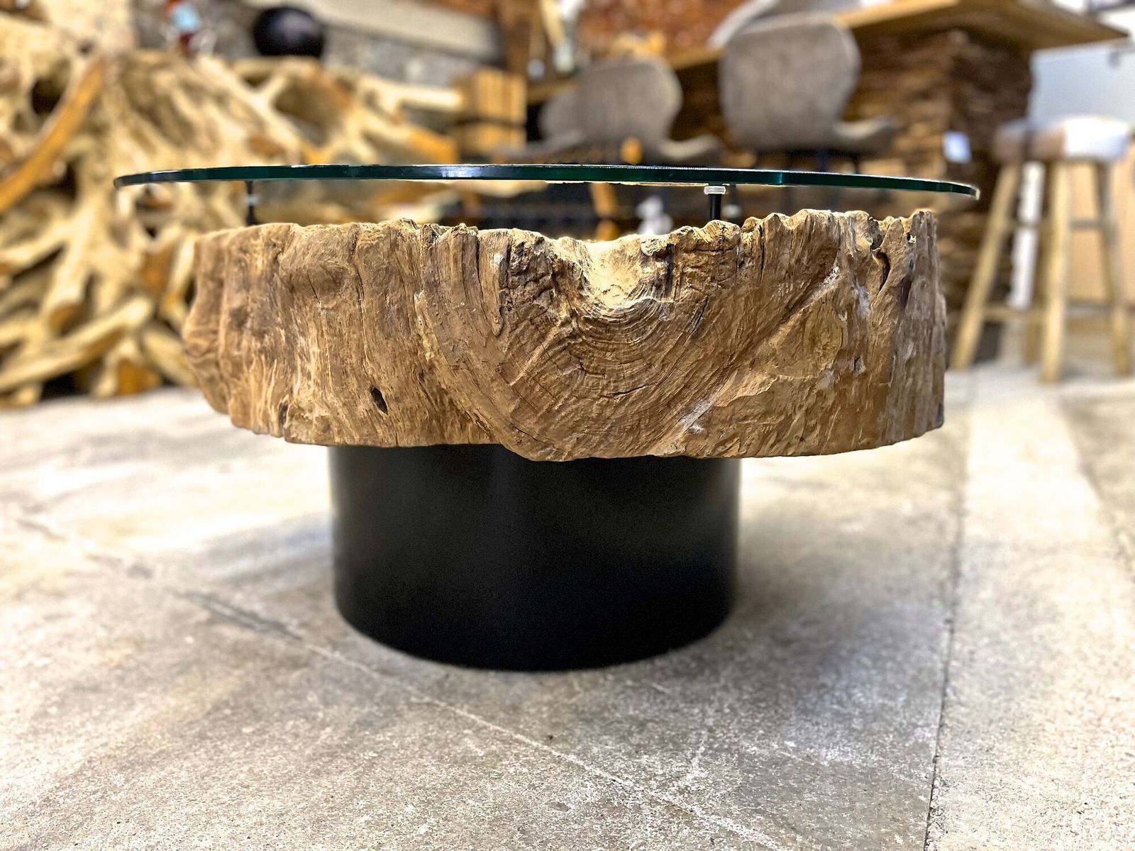 Modern Organic Driftwood Coffee Table With Glass Top, Black Steel Base, Idn 2025 photo buy
