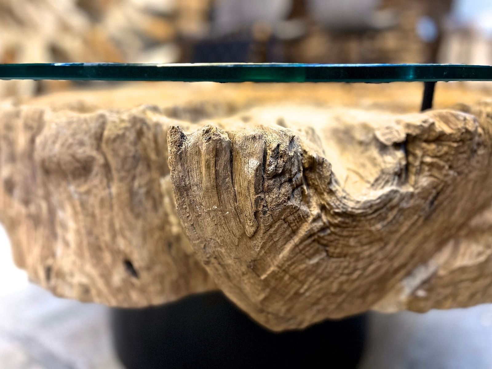 Modern Organic Driftwood Coffee Table With Glass Top, Black Steel Base, Idn 2025 photo vintage