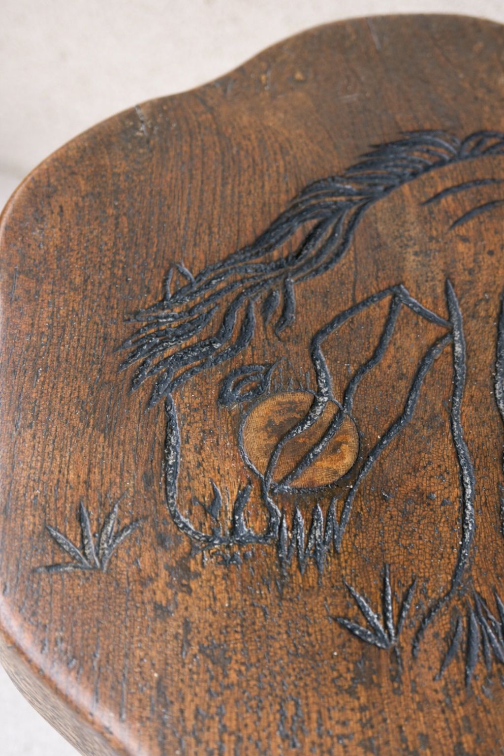 Hand Carved Pony Stool – Rustic Folk Art Oak Milking Stool photo Furniture