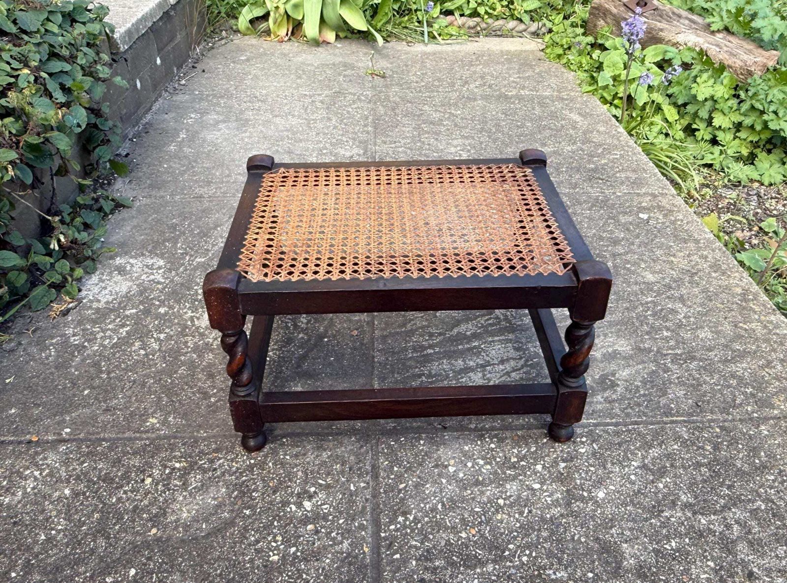 Antique Edwardian Style Oak Cane Top Stool Woven Rattan Footstool Side Table