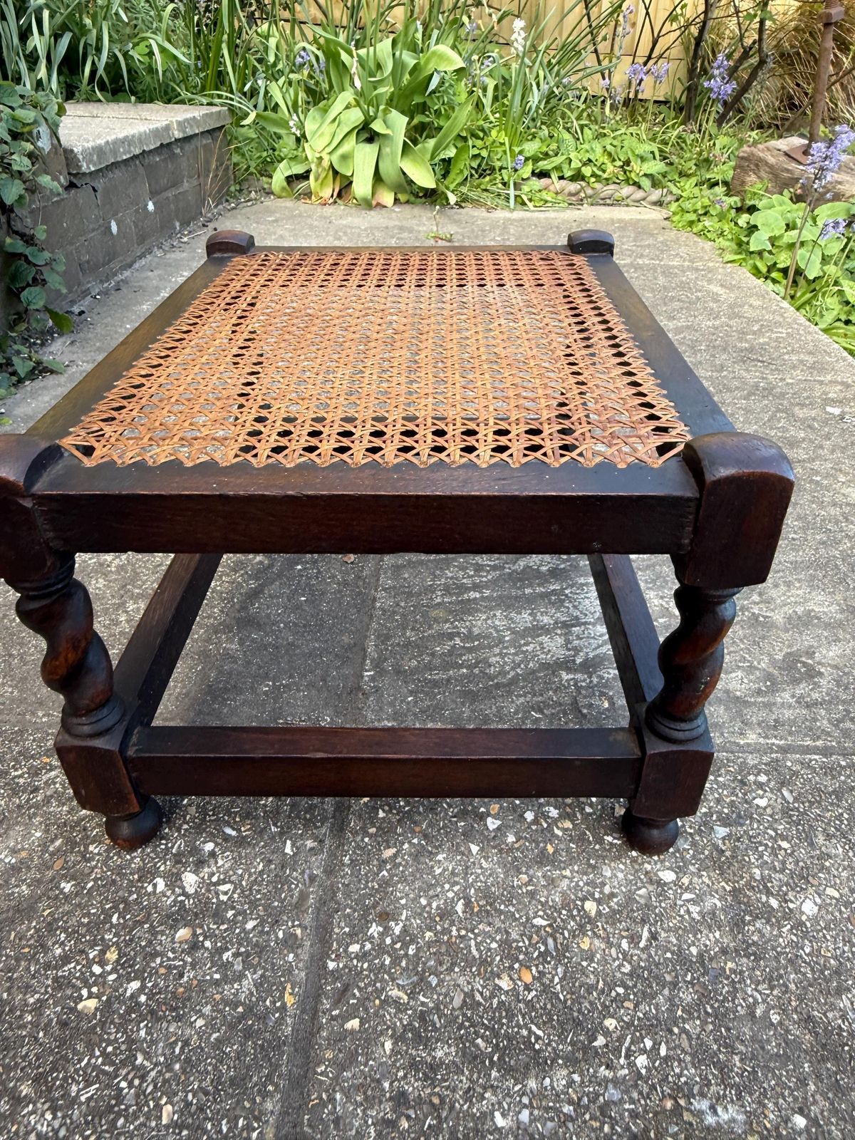 Antique Edwardian Style Oak Cane Top Stool Woven Rattan Footstool Side Table photo vinterior