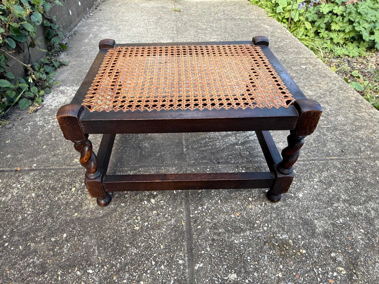 Antique Edwardian Style Oak Cane Top Stool Woven Rattan Footstool Side Table photo buy