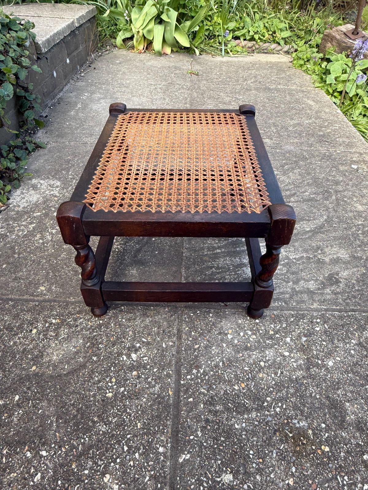 photo vinterior Antique Edwardian Style Oak Cane Top Stool Woven Rattan Footstool Side Table