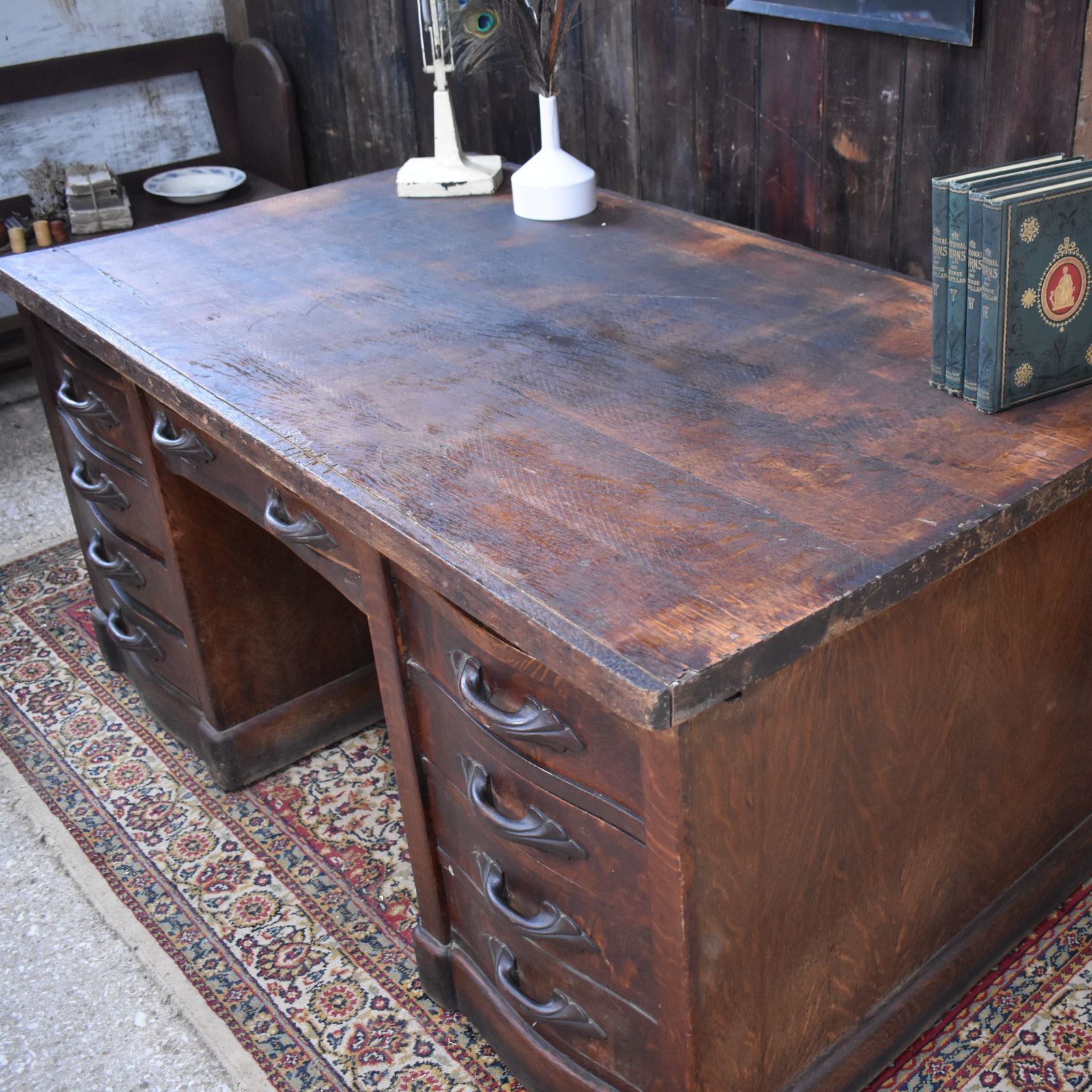 Furniture Antique Leyden And Van Beest Oak Twin Pedistal Country House Large Estate Desk photo
