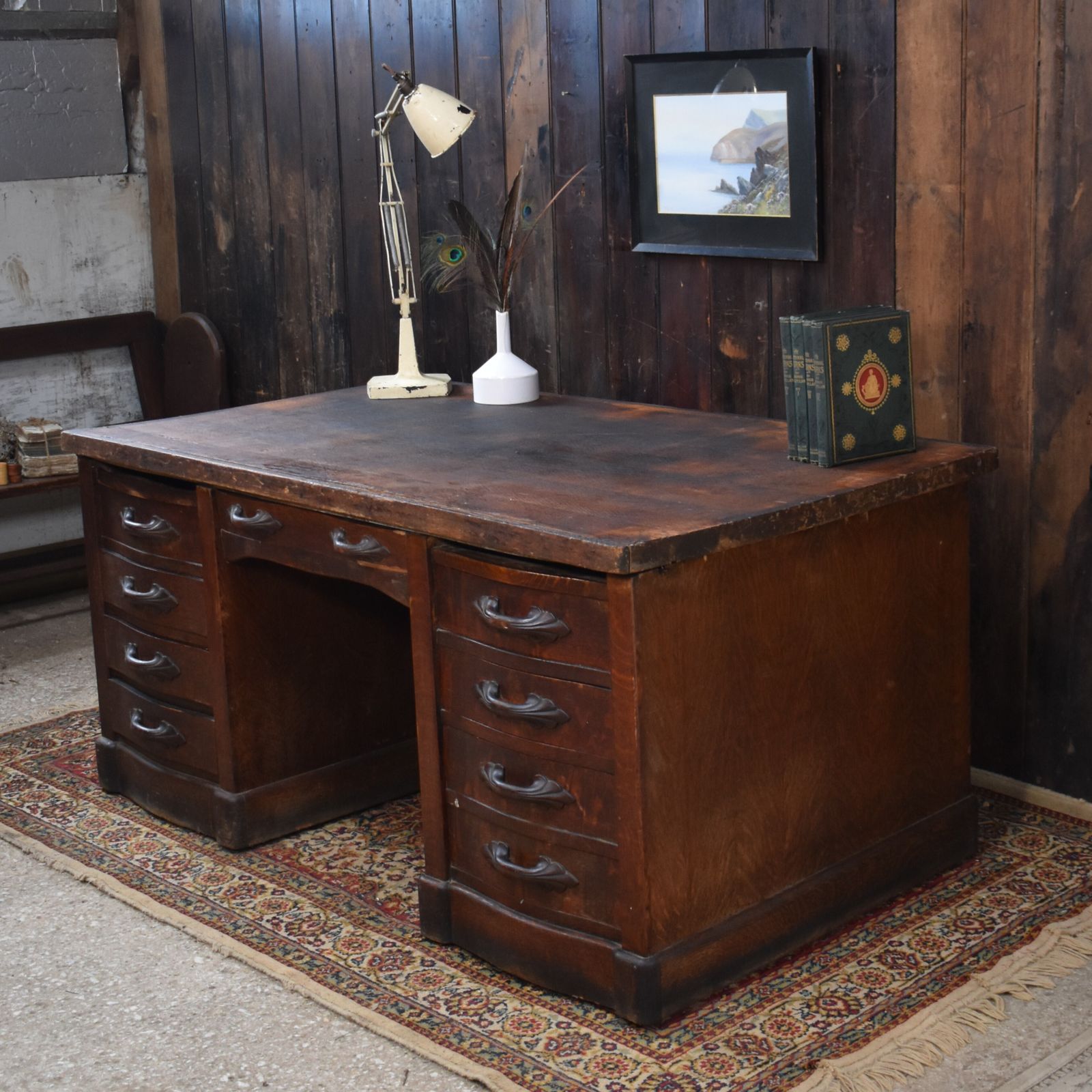 595.0 Antique Leyden And Van Beest Oak Twin Pedistal Country House Large Estate Desk photo