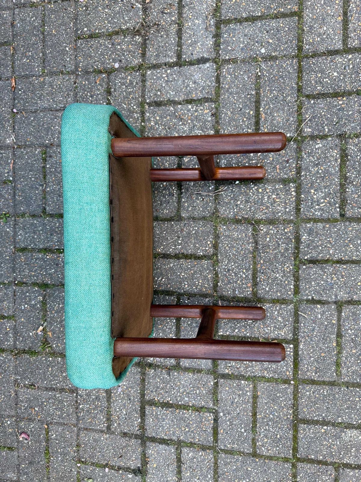 Furniture Mid Century Teak Upholstered Stool Green Fabric Footstool Retro Style photo