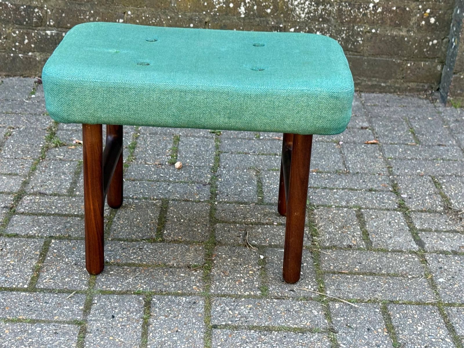 photo buy Mid Century Teak Upholstered Stool Green Fabric Footstool Retro Style