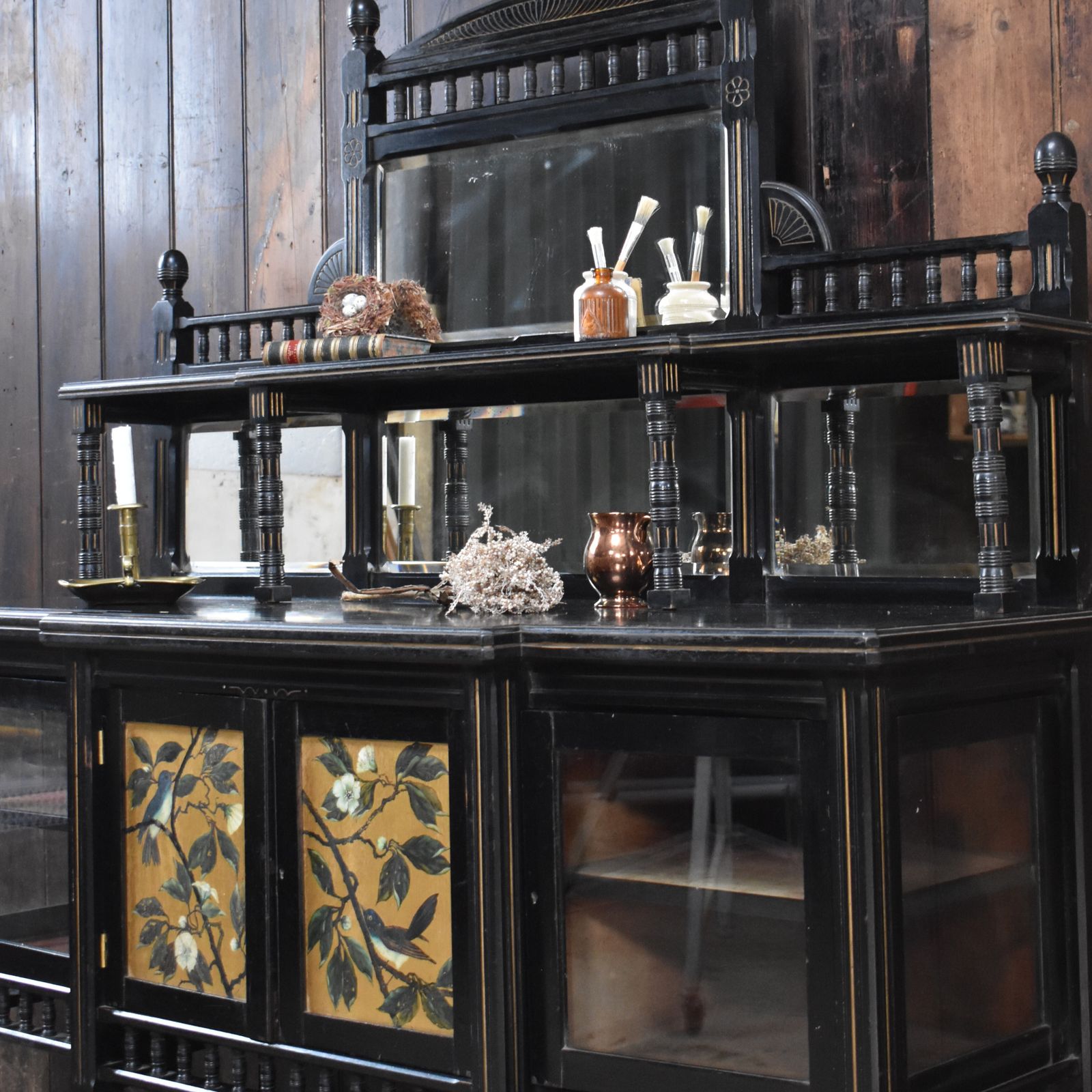 photo furniture Antique Woof & Whitaker Aesthetic Movement Ebonised Gilt Bird Sideboard Buffet