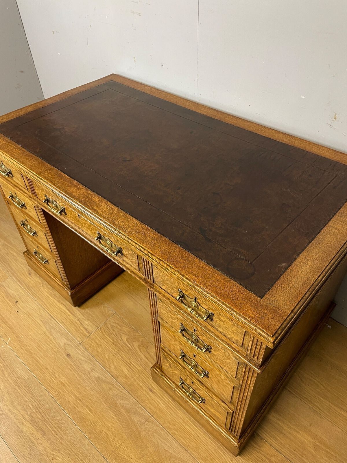Arts And Crafts Golden Oak Three Part Desk With Inset Leather Top photo Furniture