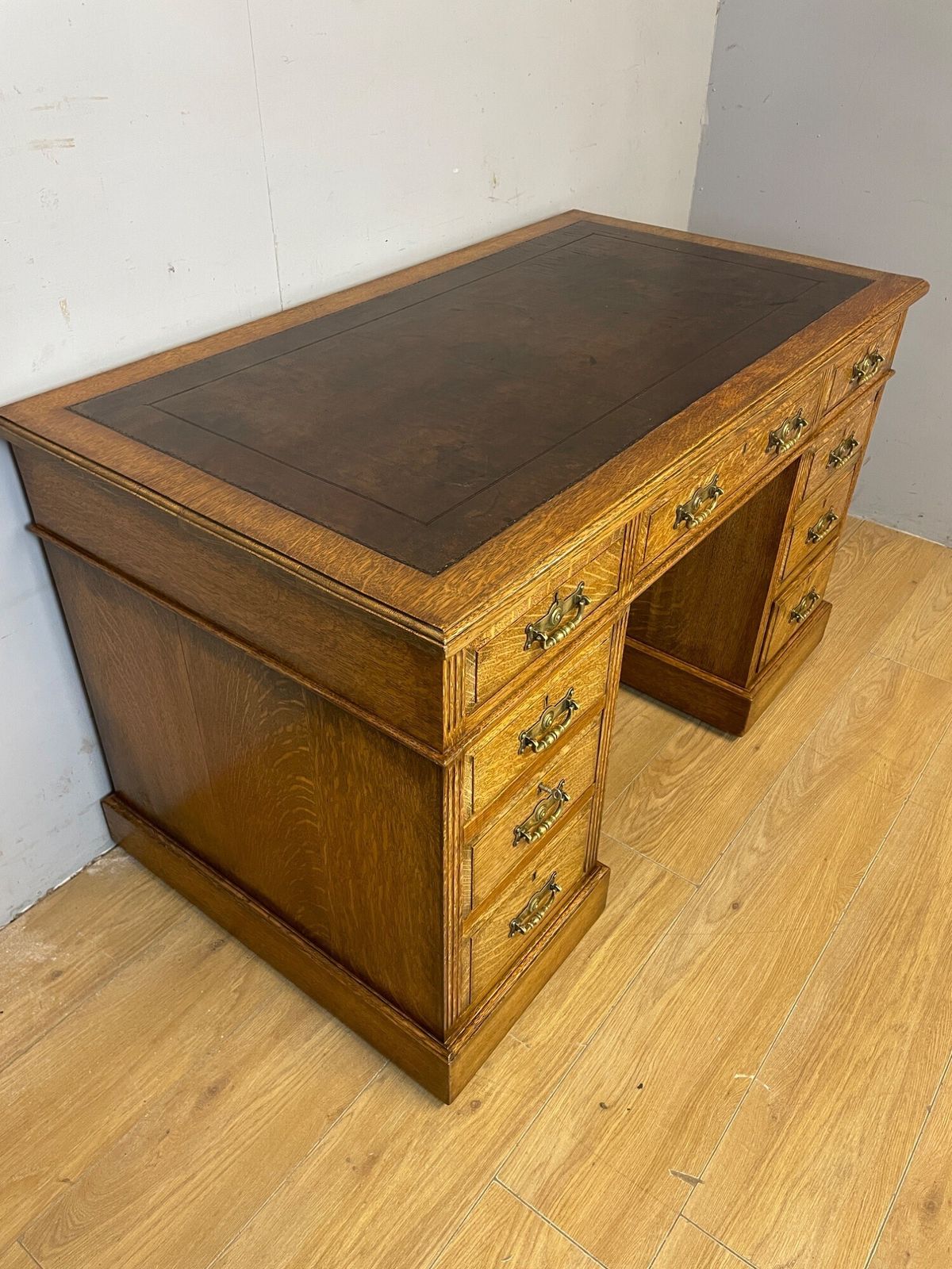 Arts And Crafts Golden Oak Three Part Desk With Inset Leather Top photo buy