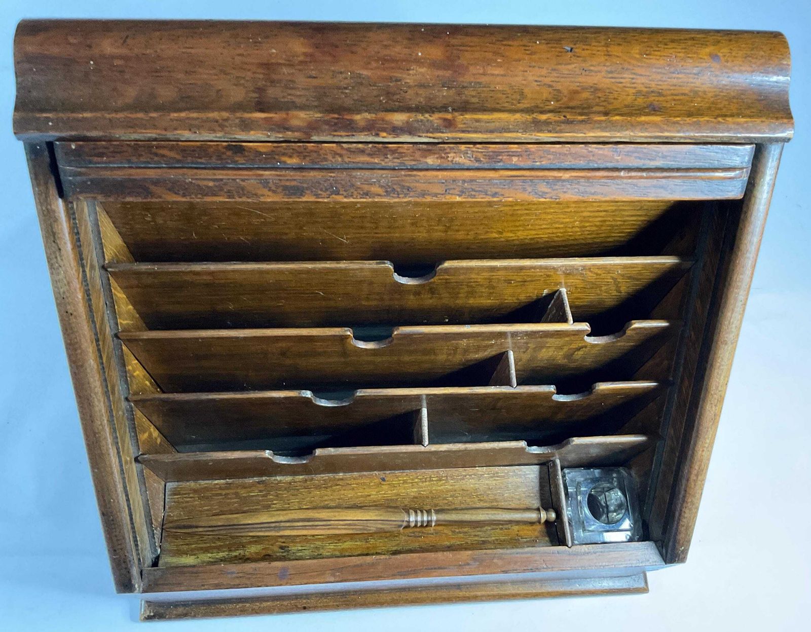 photo furniture Antique Edwardian Golden Oak Tambour Stationery Cabinet – C. 1900