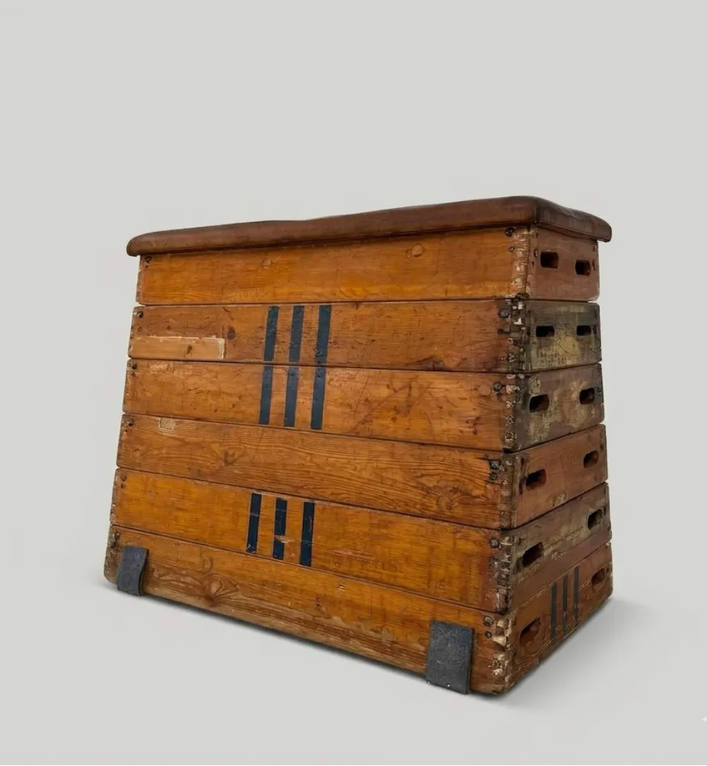 Gym Vaulting Box Vintage Wood Leather Swedish Box photo for sale